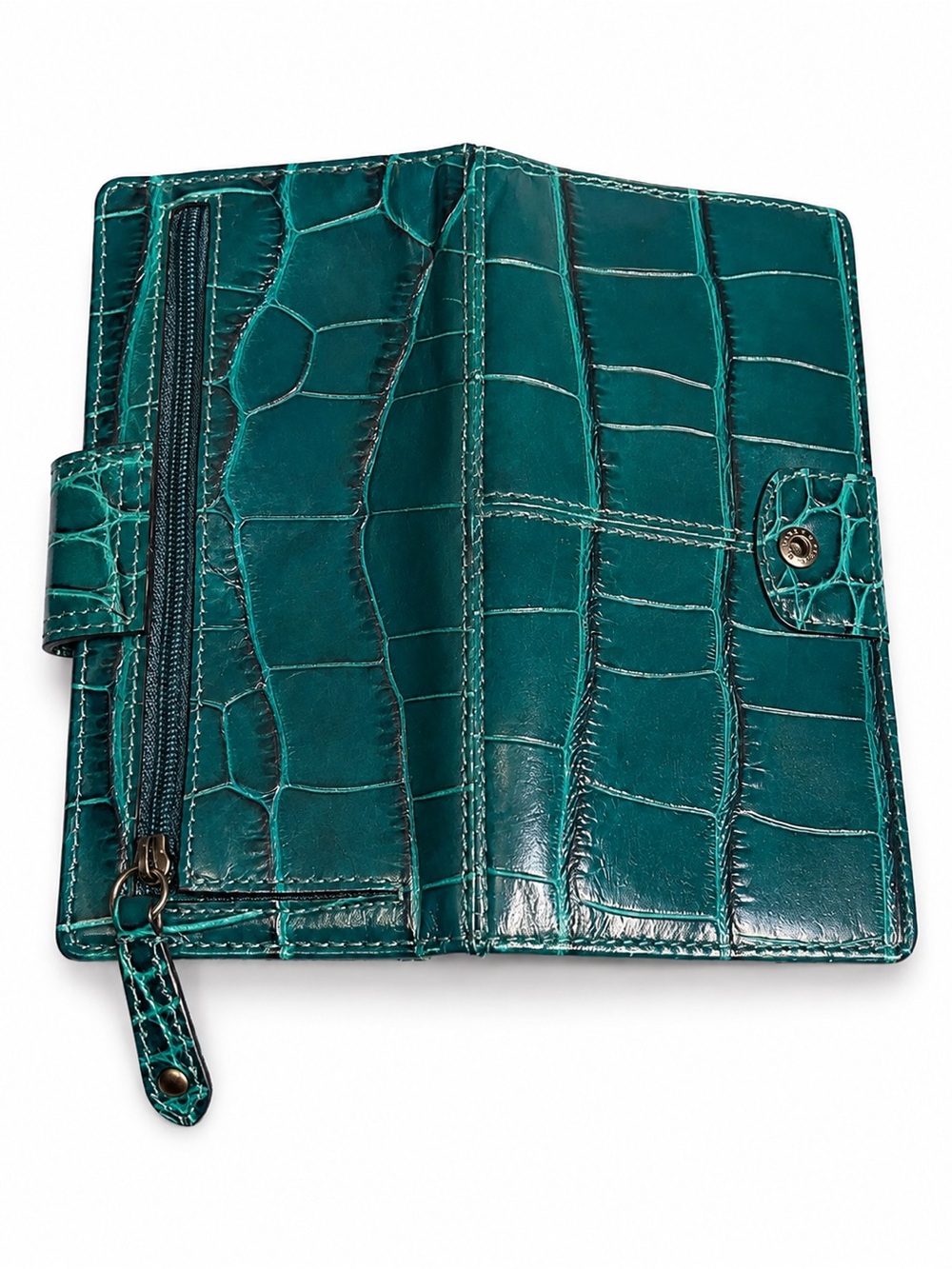 Coach Teal Croc-Embossed Leather Continental Wallet with Gold Tone Logo - Picture 6 of 11